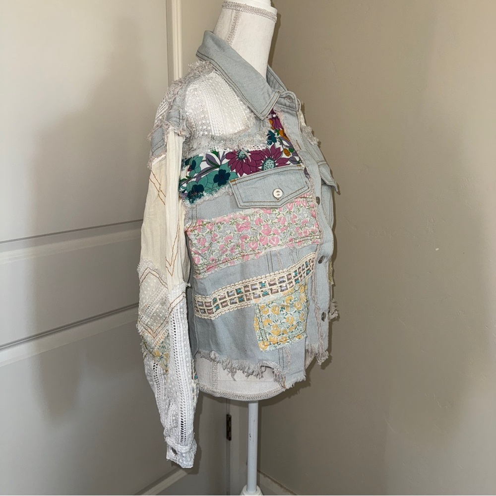 Patchwork Denim and Lace Jacket Distressed Boho Denim Shacket Mixed Floral Lace - Picture 12 of 17